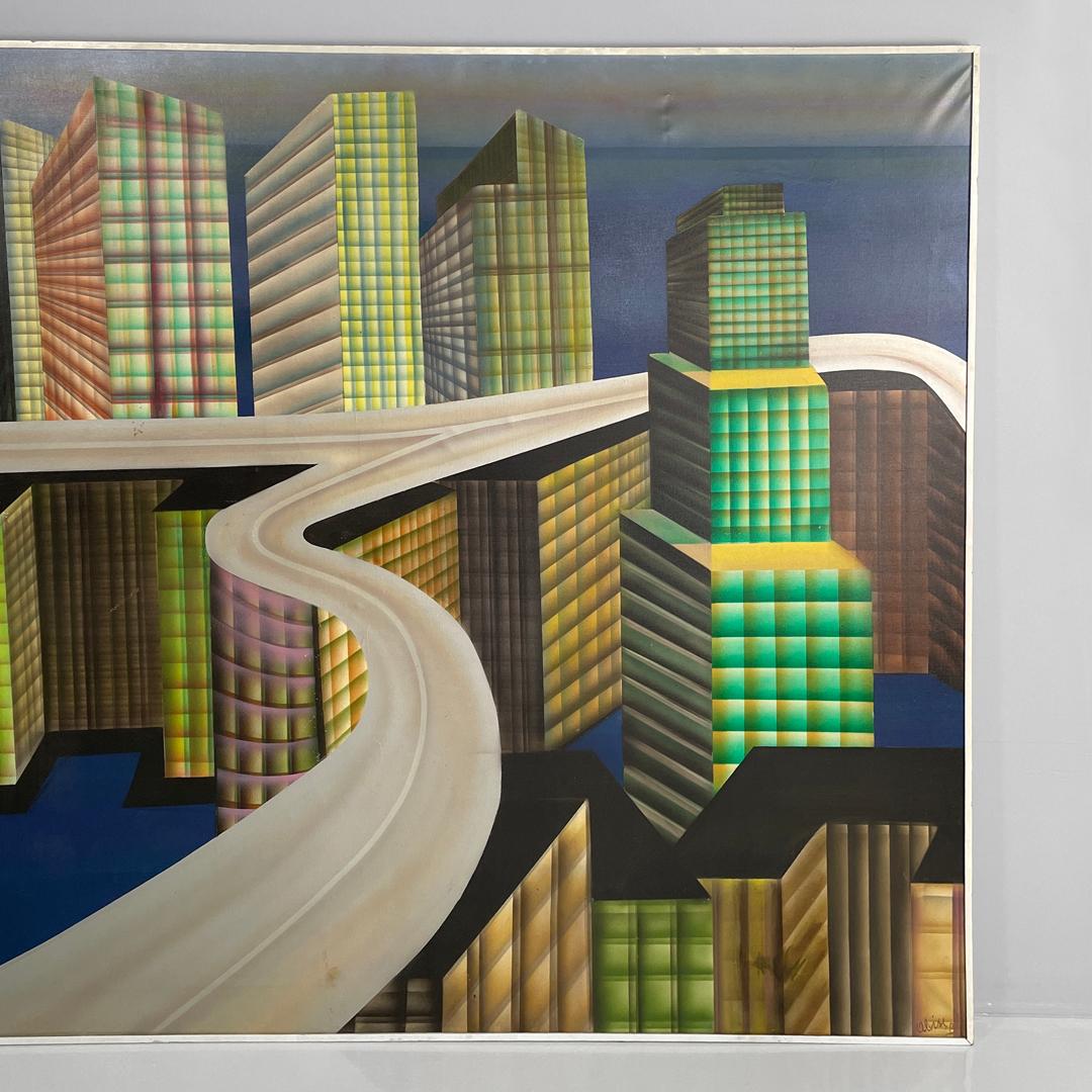 Canvas Italian modern urban landscape airbrush painting by Alvise Besutti, 1980s For Sale