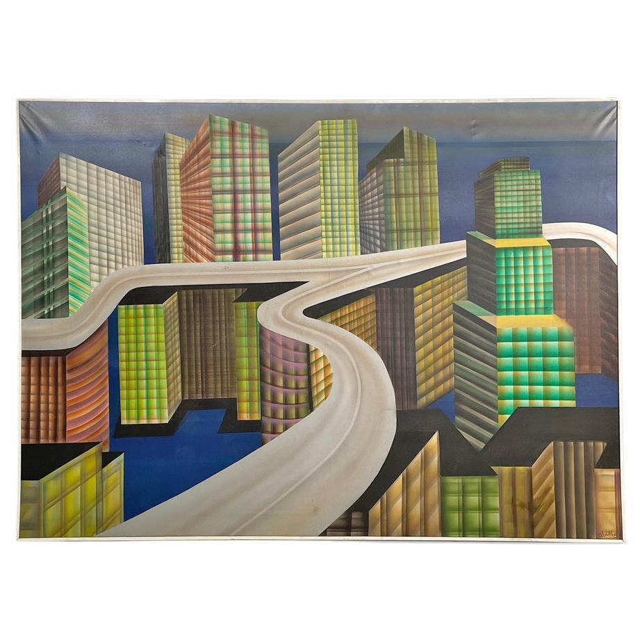 Italian modern urban landscape airbrush painting by Alvise Besutti, 1980s For Sale