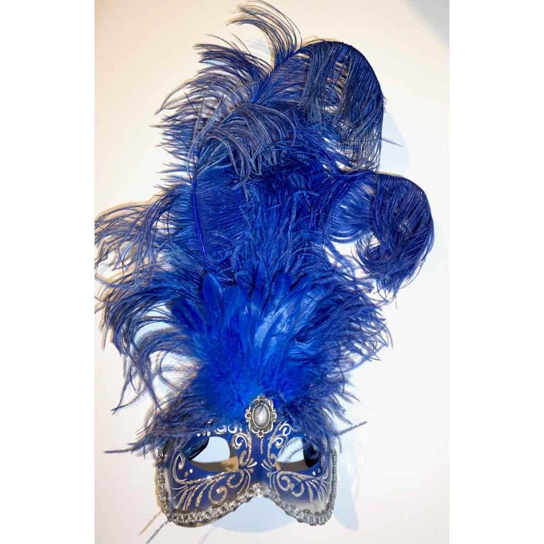 Italian Modern Venetian Handmade Blue and Gold Carnival Mask with Feathers For Sale 4