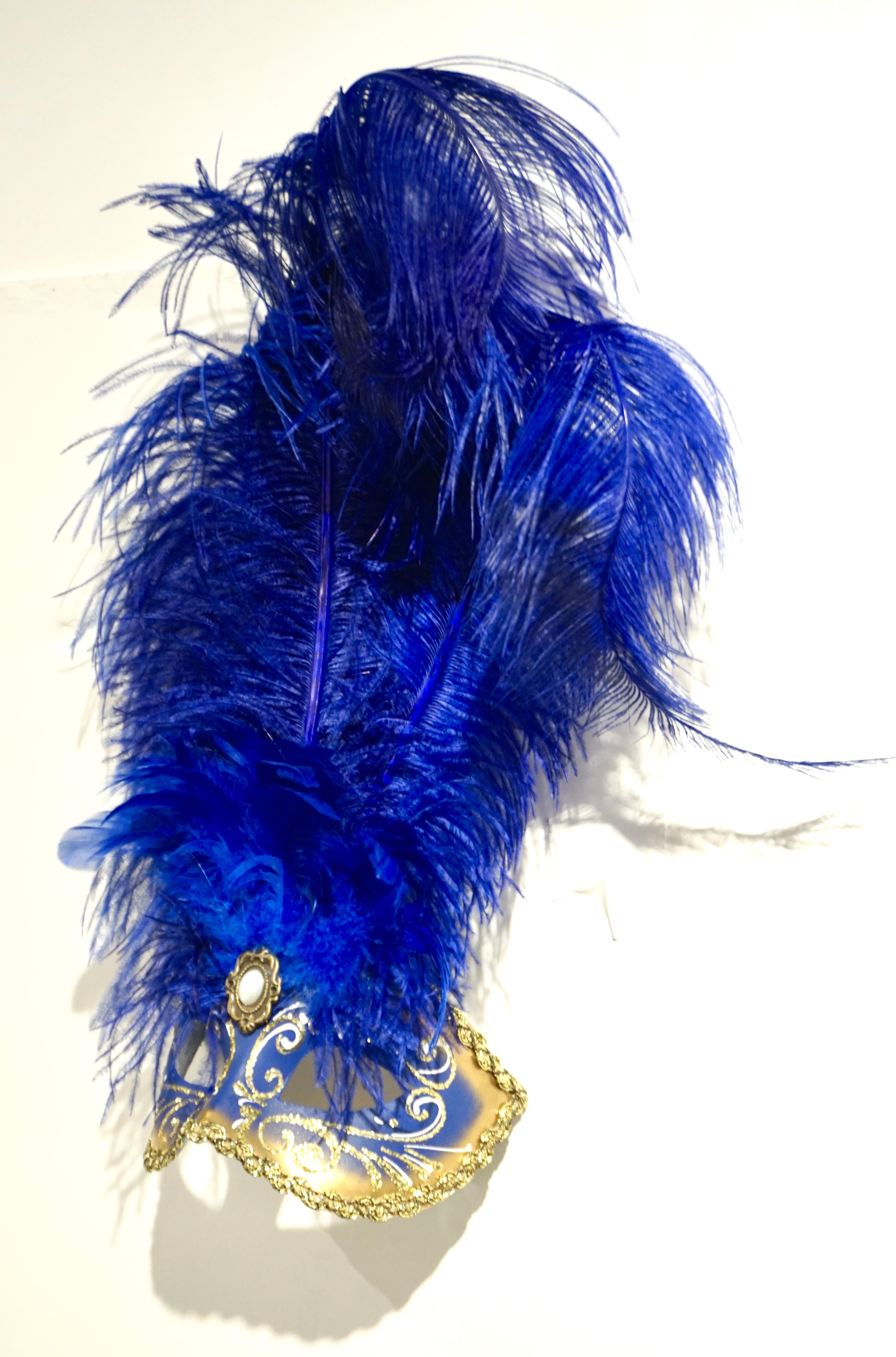 Hand-Crafted Italian Modern Venetian Handmade Blue and Gold Carnival Mask with Feathers For Sale