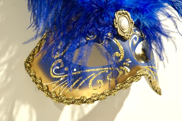 Contemporary Italian Modern Venetian Handmade Blue and Gold Carnival Mask with Feathers For Sale