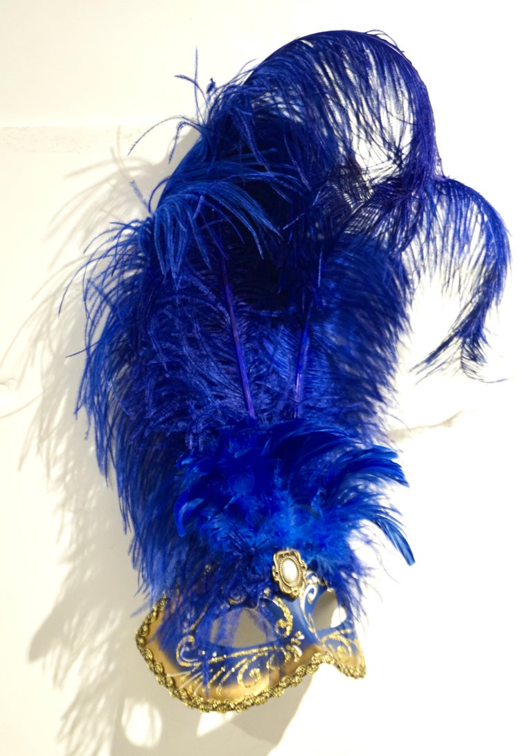 Italian Modern Venetian Handmade Blue and Gold Carnival Mask with Feathers For Sale 2