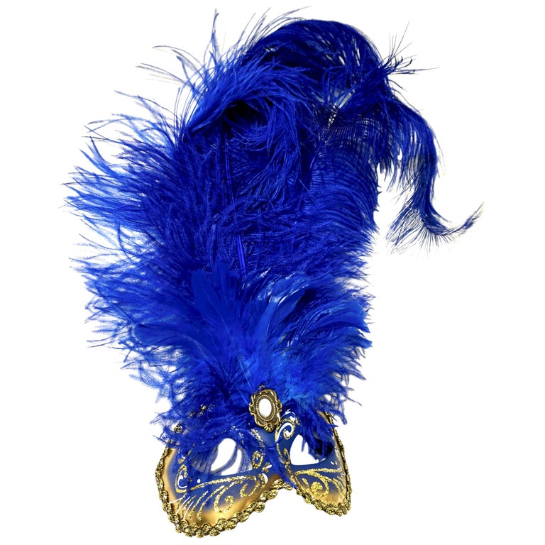 Italian Modern Venetian Handmade Blue and Gold Carnival Mask with Feathers For Sale