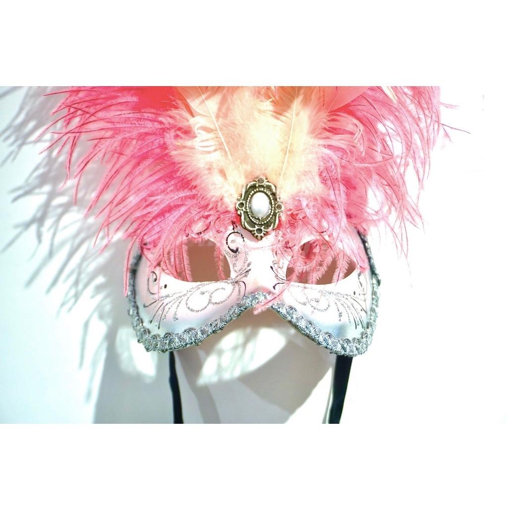 Folk Art Italian Modern Venetian Handmade Pink and Silver Carnival Mask with Feathers