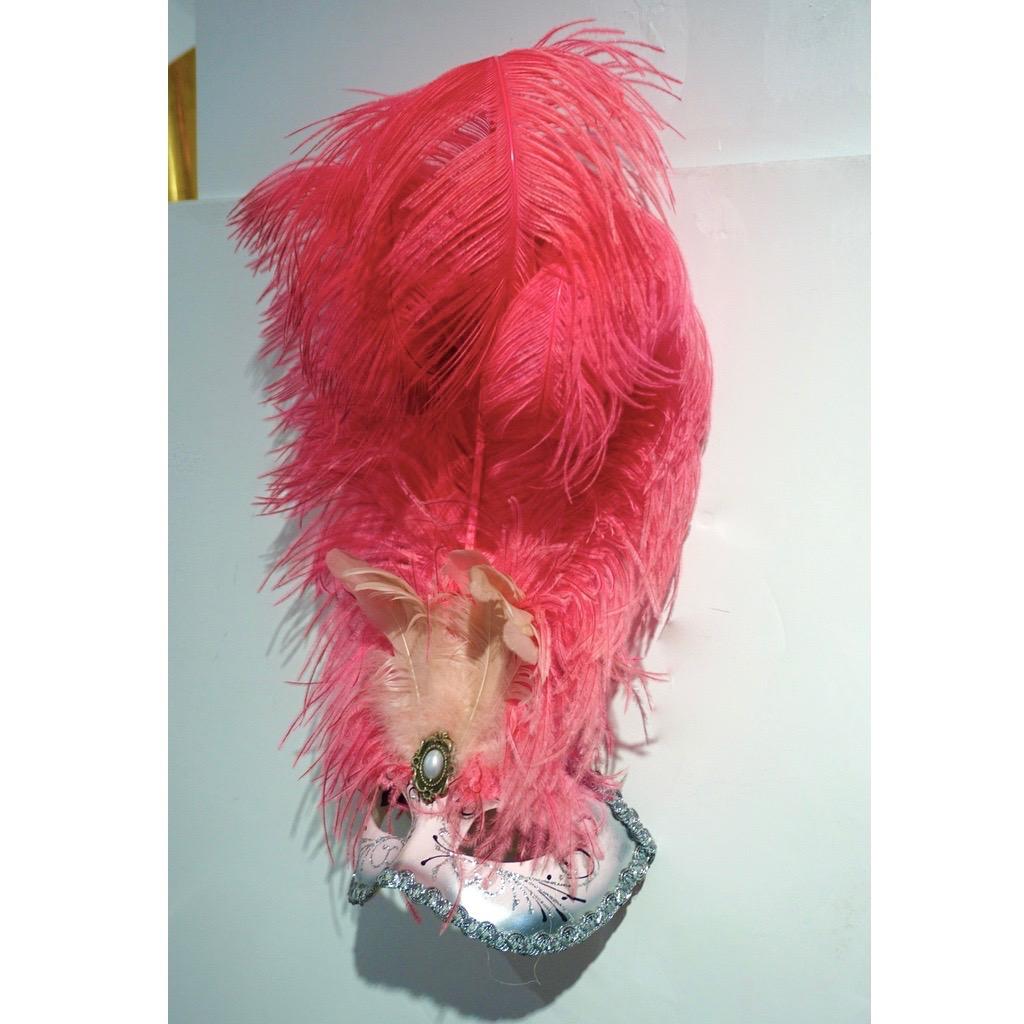 Contemporary Italian Modern Venetian Handmade Pink and Silver Carnival Mask with Feathers