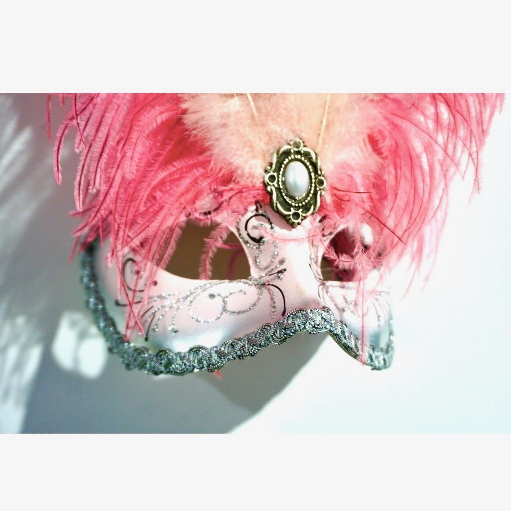 Metal Italian Modern Venetian Handmade Pink and Silver Carnival Mask with Feathers