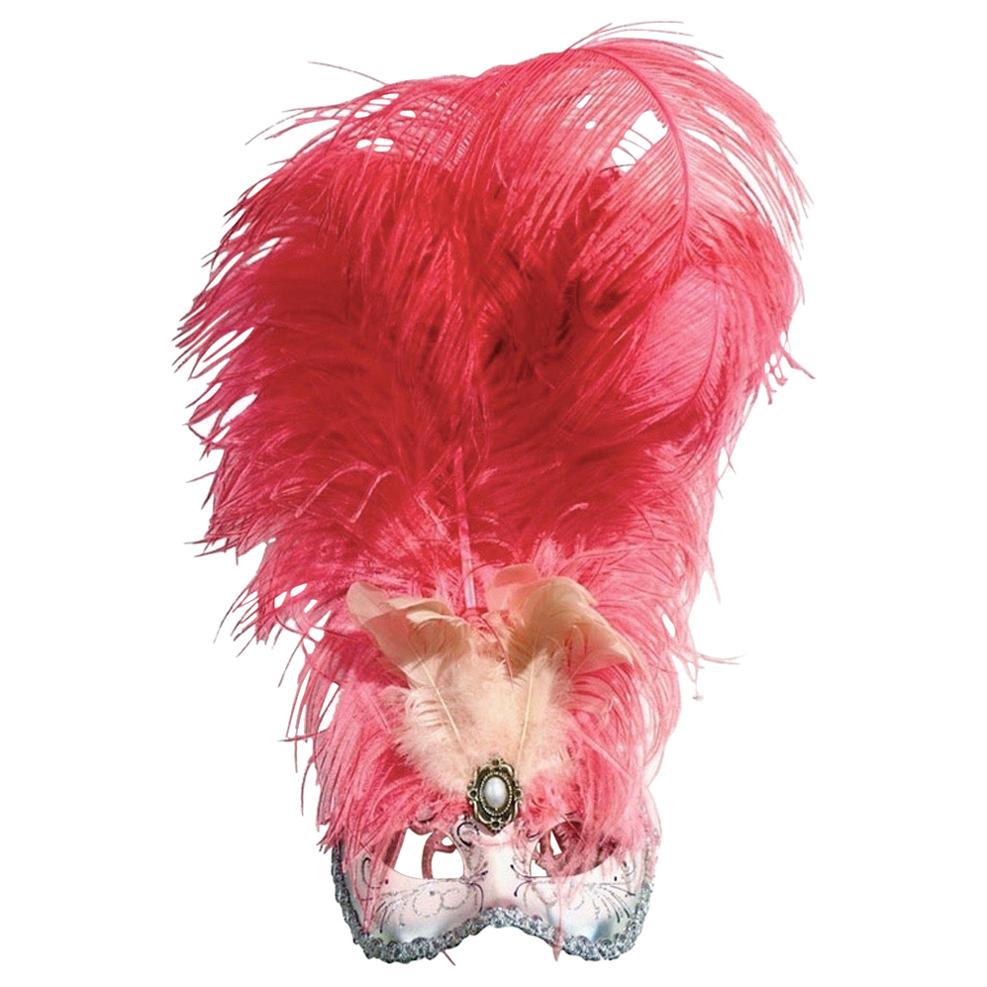 Italian Modern Venetian Handmade Pink and Silver Carnival Mask with Feathers