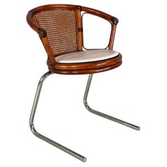 Italian modern Vienna straw, wood and steel tub chair with armrests, 1970s