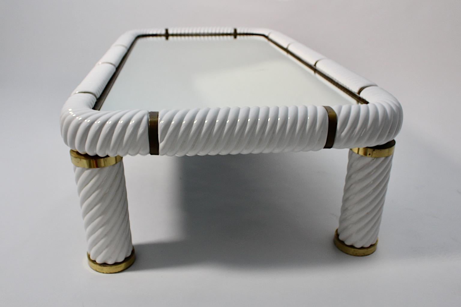 Italian Modern Vintage Tommaso Barbi White Ceramic Brass Sofa Table 1970s Italy 7