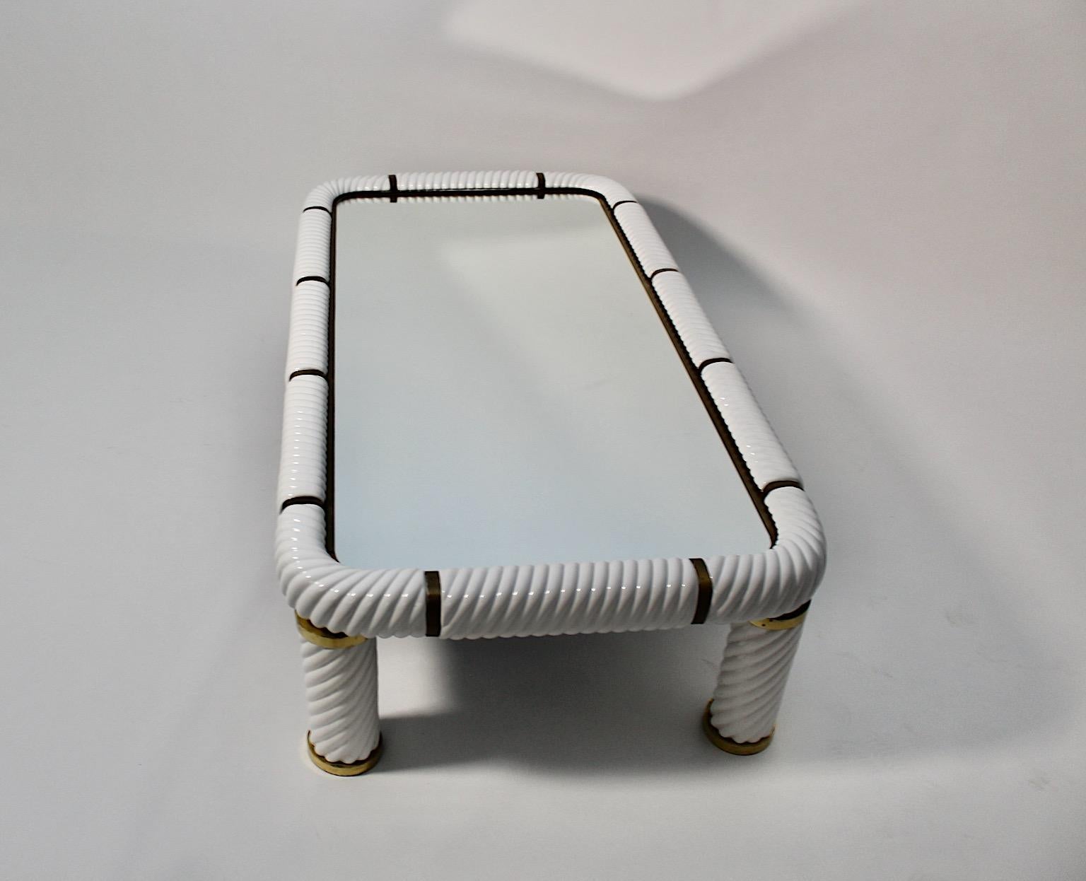 Italian Modern Vintage Tommaso Barbi White Ceramic Brass Sofa Table 1970s Italy In Good Condition In Vienna, AT