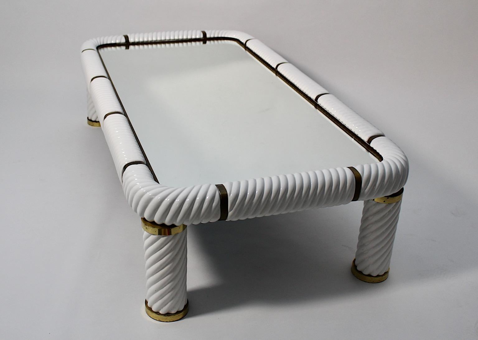 Italian Modern Vintage Tommaso Barbi White Ceramic Brass Sofa Table 1970s Italy 1