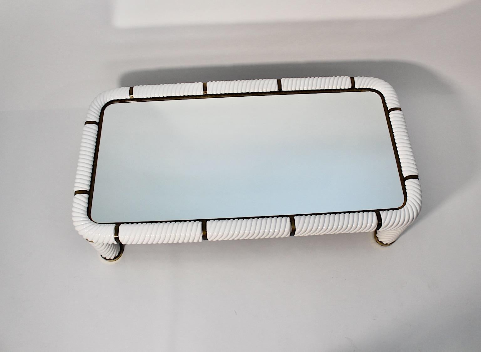 Italian Modern Vintage Tommaso Barbi White Ceramic Brass Sofa Table 1970s Italy 5