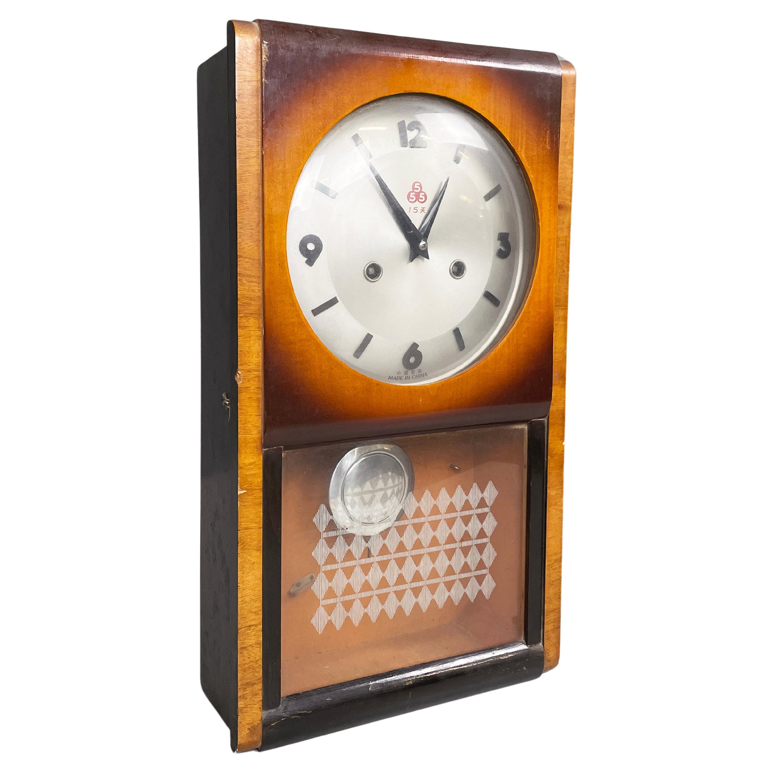 Italian modern Wall or table pendulum clock by 555 Shanghai in wood glass, 1980s For Sale