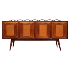 Italian Modern Walnut and Leather Sideboard with Undulating Cornice, 1950s