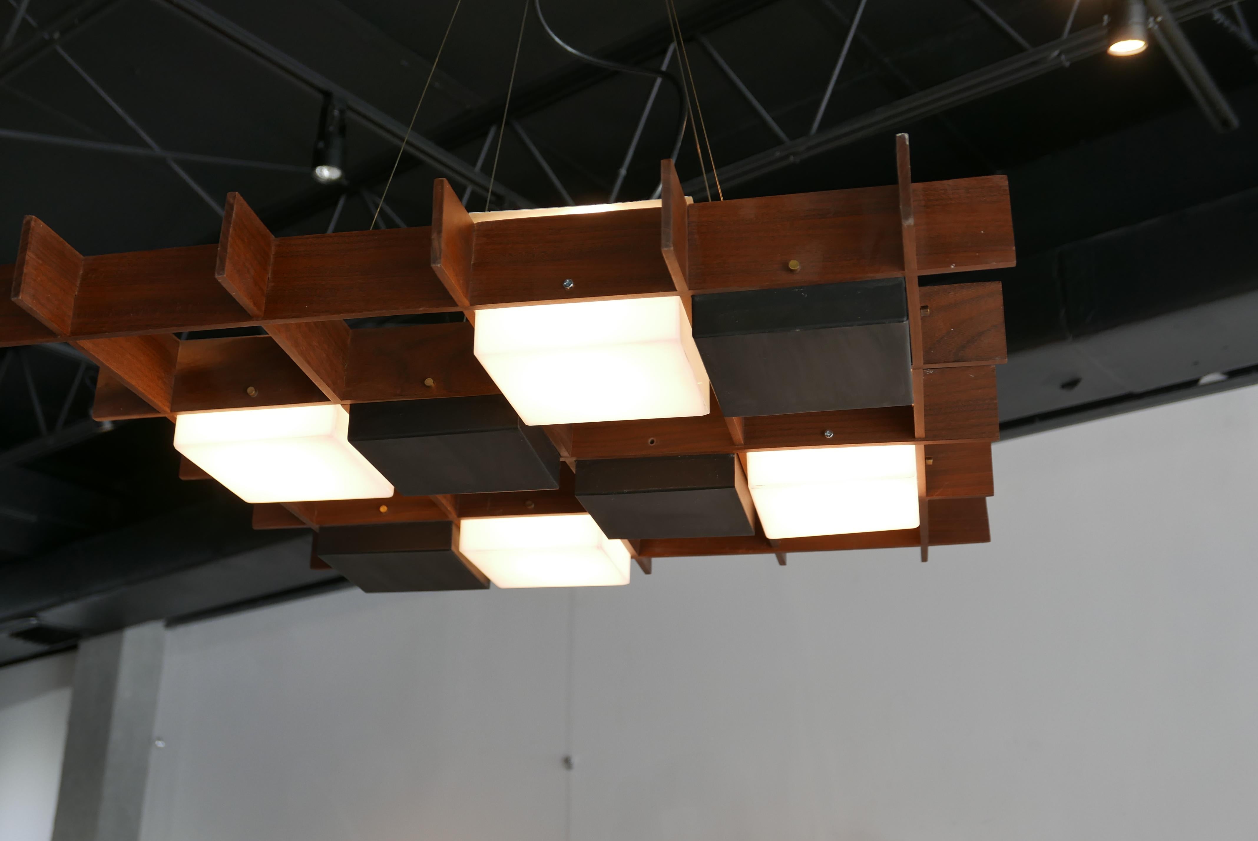 Mid-20th Century Italian Modern Walnut, Brass and Perspex Chandelier, Angelo Brotto for Esperia