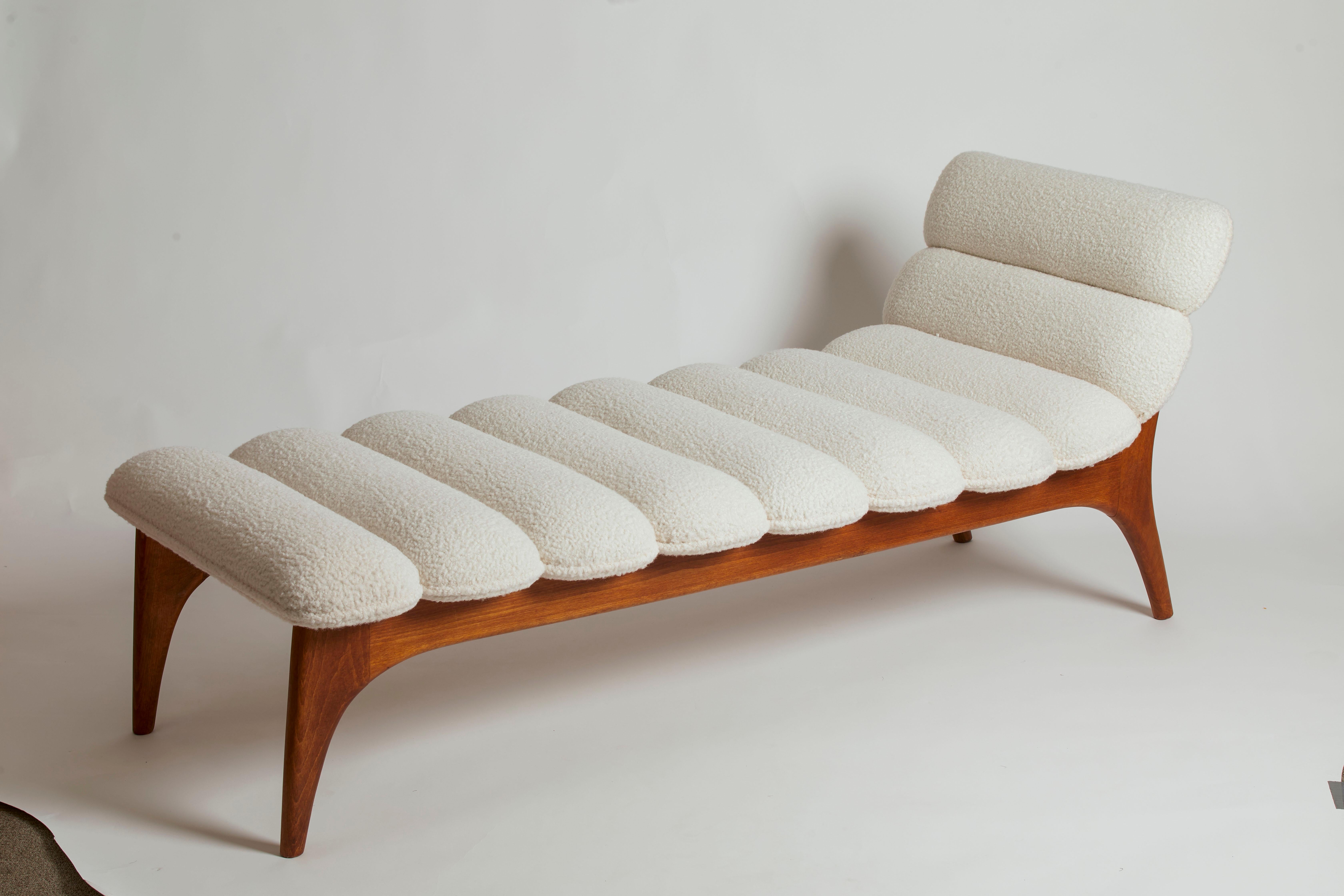 Italian modern walnut daybed/bench in boucle fabric.