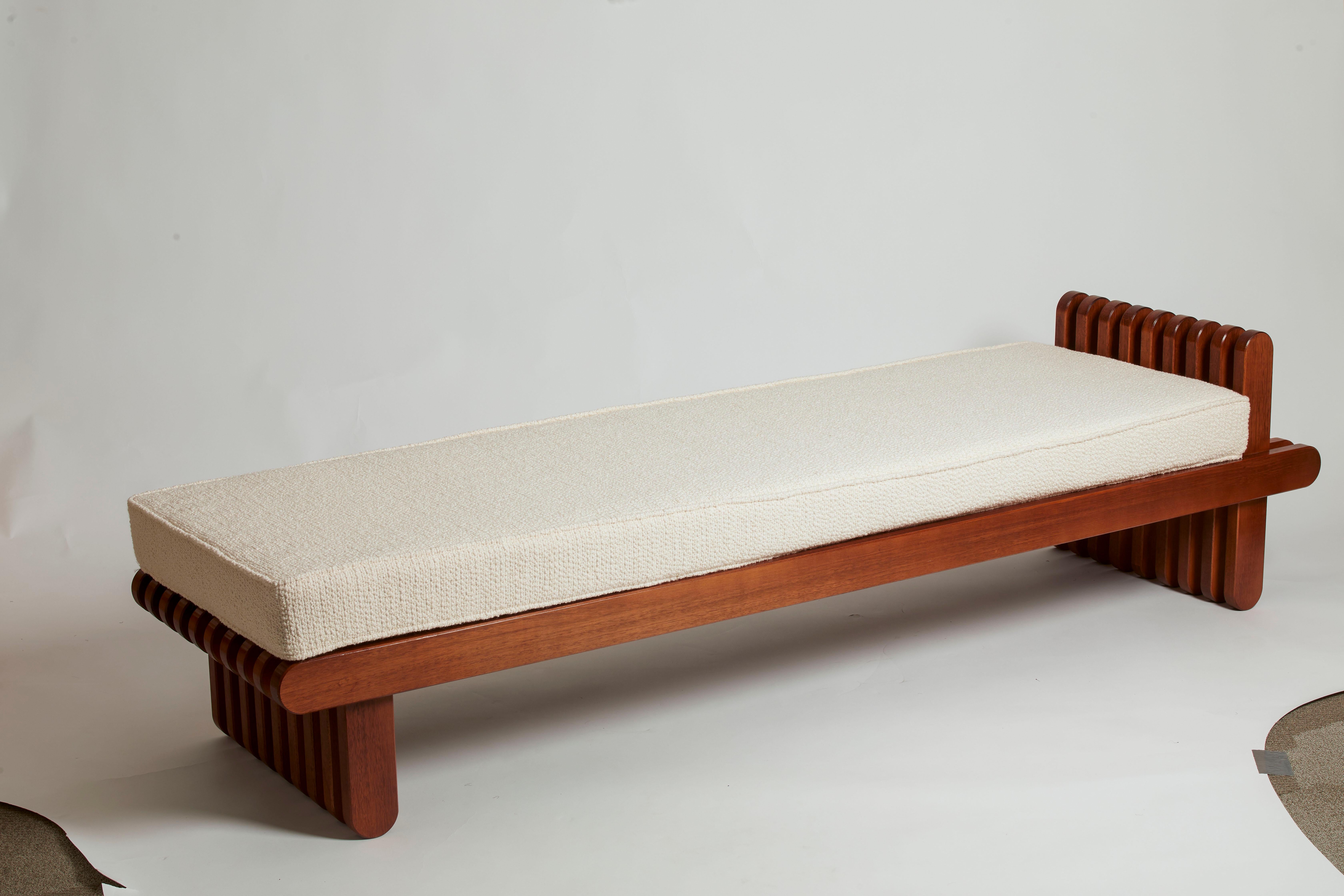 Italian Modern walnut daybed/bench in Boucle fabric.