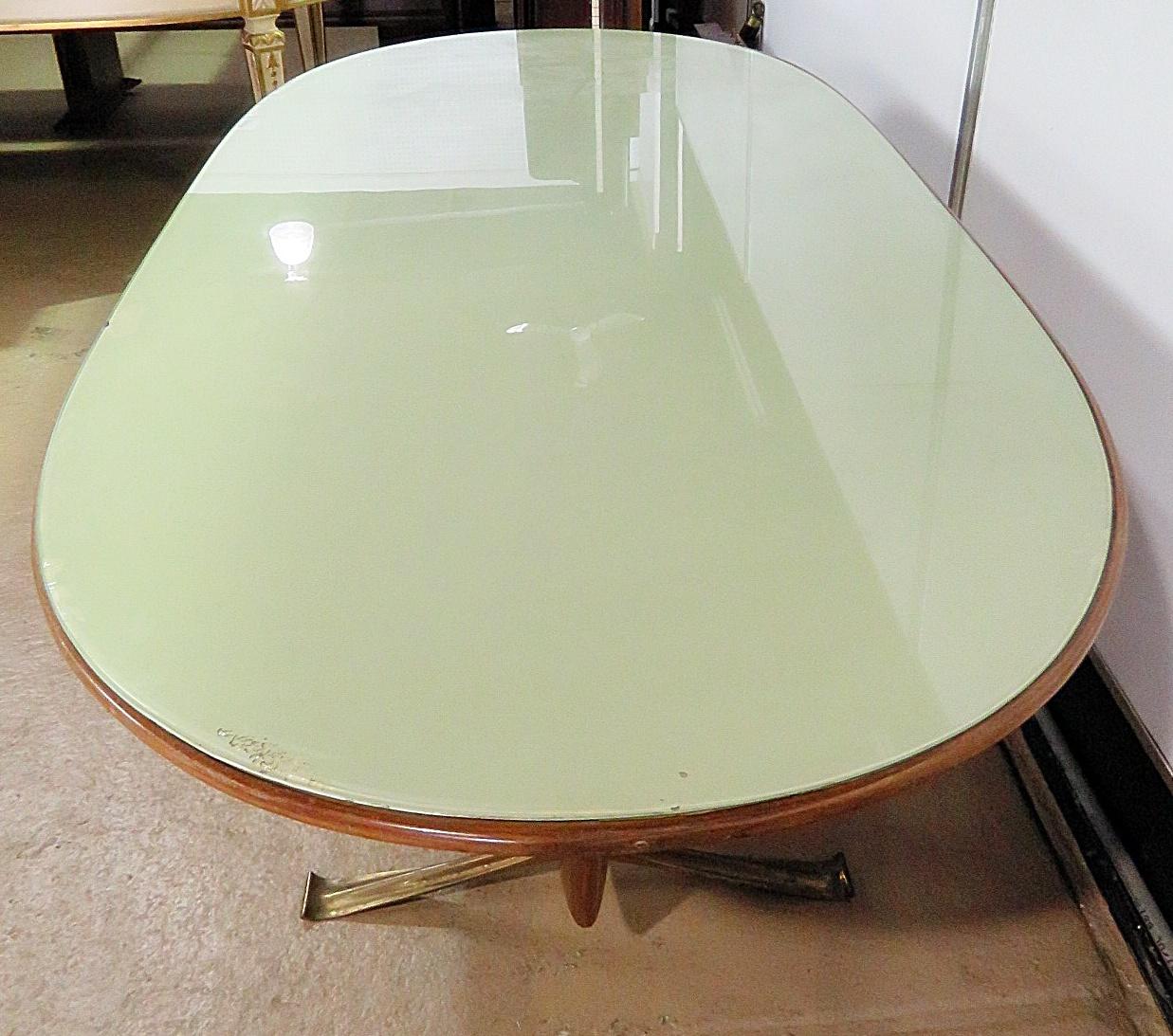 Italian Mid Century Modern Brass and Walnut Glass Top Oval Dining Table 2