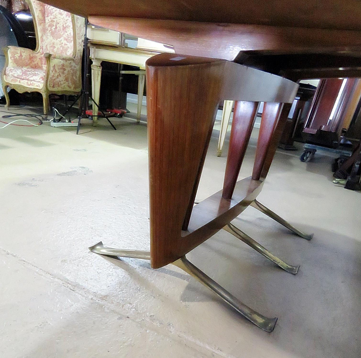 Italian Mid Century Modern Brass and Walnut Glass Top Oval Dining Table 1