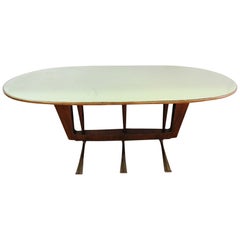 Italian Mid Century Modern Brass and Walnut Glass Top Oval Dining Table