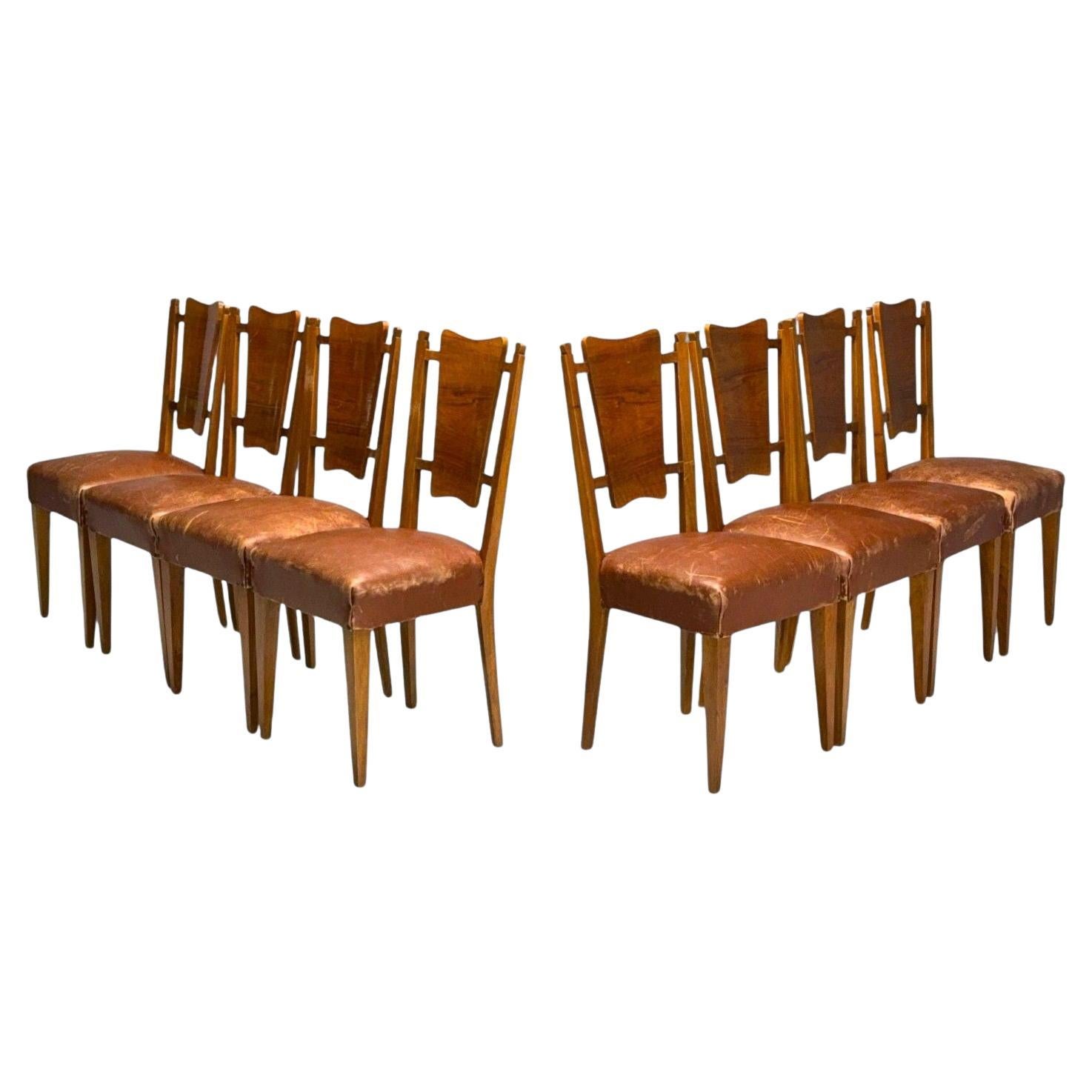 Huit chaises de salle à manger modernes italiennes en noyer et simili-cuir, Italie, années 1950