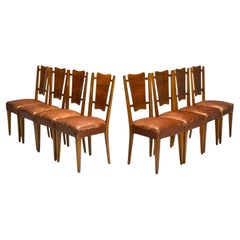 Moderno italiano, nogal, polipiel, ocho sillas de comedor, Italia, años 50