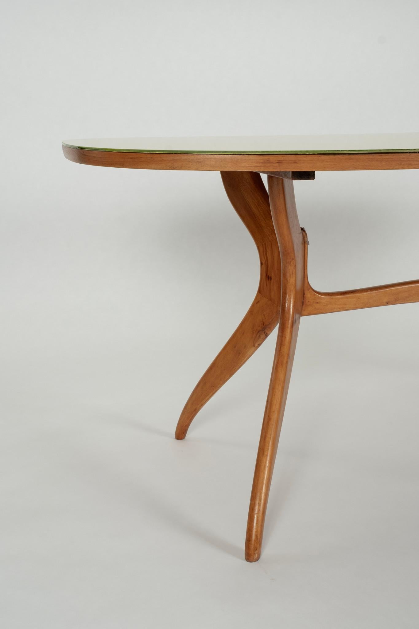 Italian Modern Walnut Table Chartreuse Glass Top In Good Condition For Sale In Houston, TX