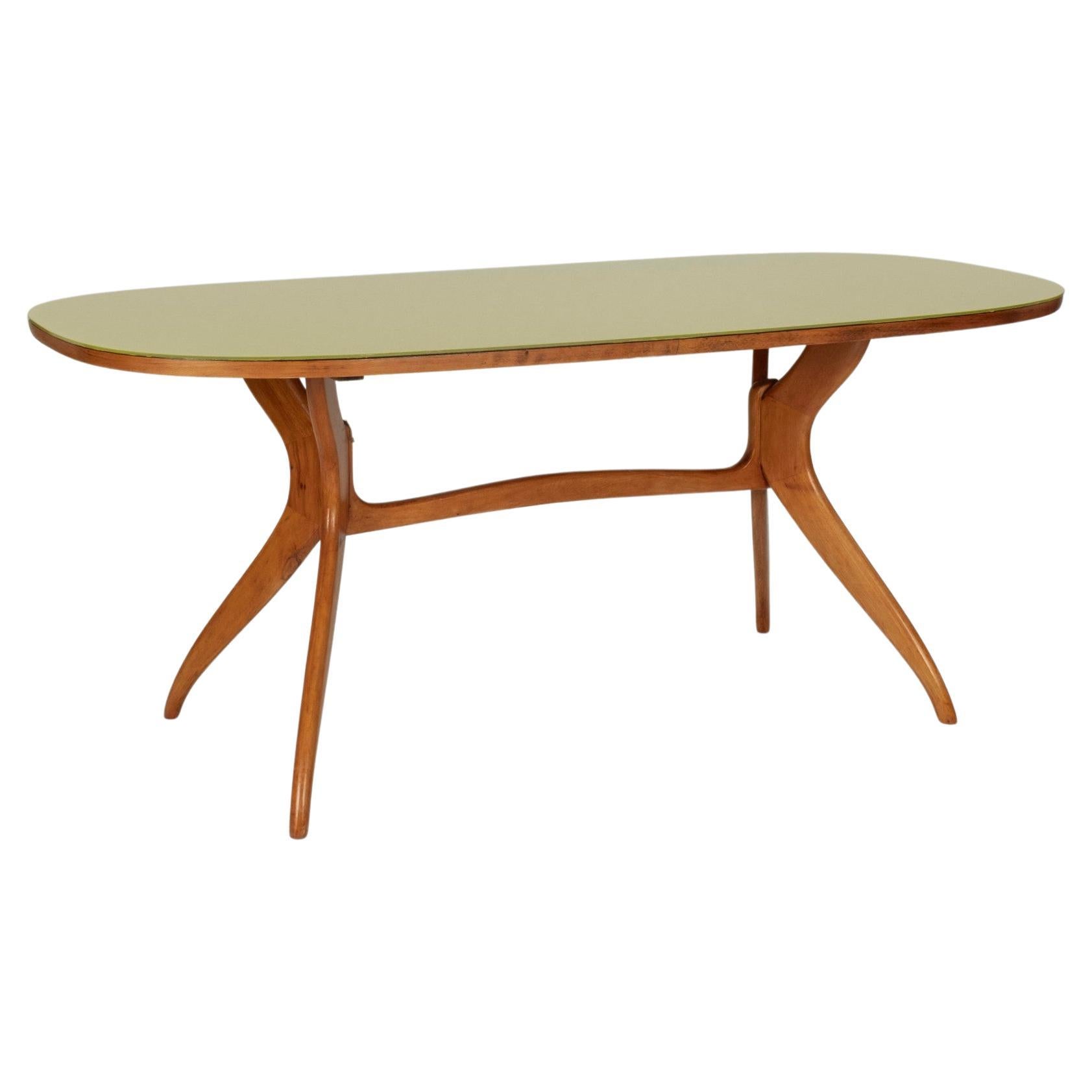 Italian Modern Walnut Table Chartreuse Glass Top For Sale