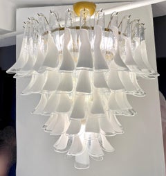 Italian Modern White and Crystal Clear Saddle Leaf Murano Glass Gold Chandelier