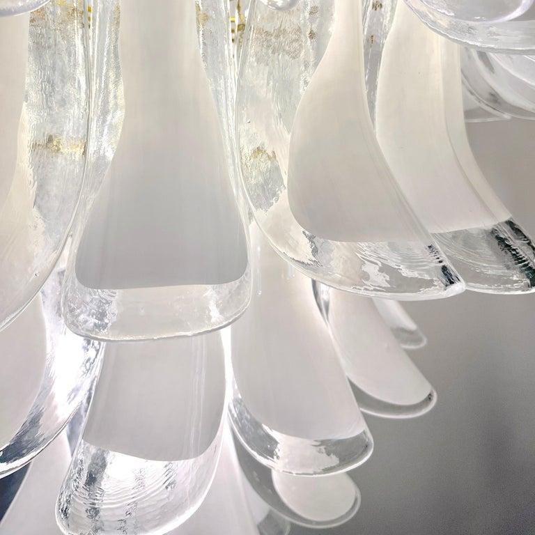 Hand-Crafted Italian Modern White and Crystal Clear Saddle Leaf Murano Glass Gold Chandelier For Sale
