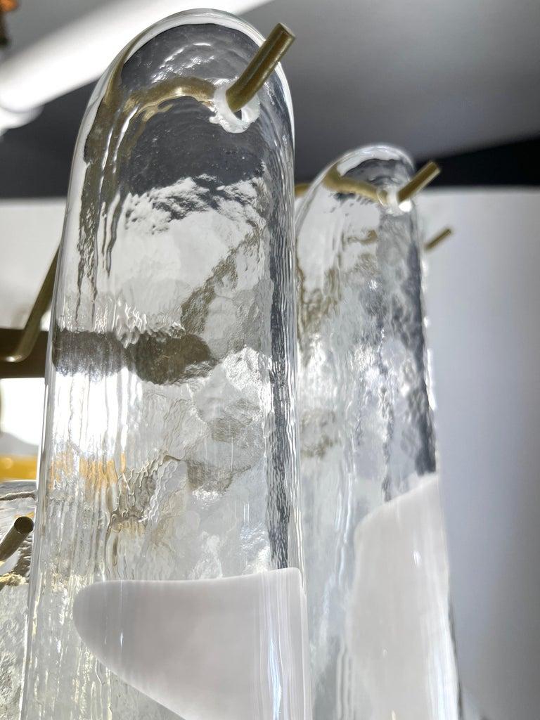 Contemporary Italian Modern White and Crystal Clear Saddle Leaf Murano Glass Gold Chandelier For Sale