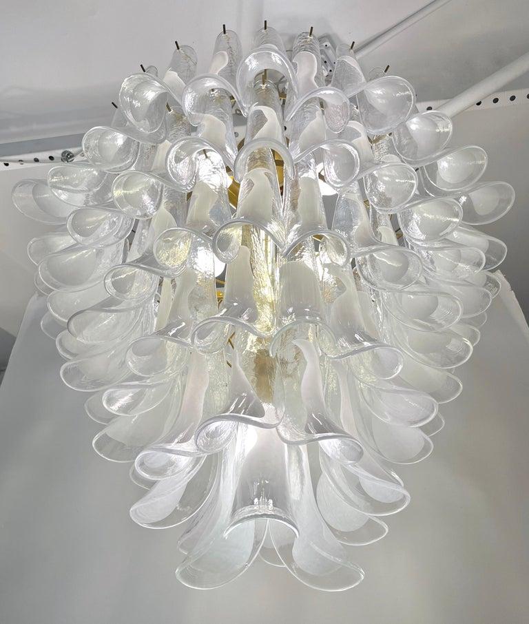 Metal Italian Modern White and Crystal Clear Saddle Leaf Murano Glass Gold Chandelier For Sale
