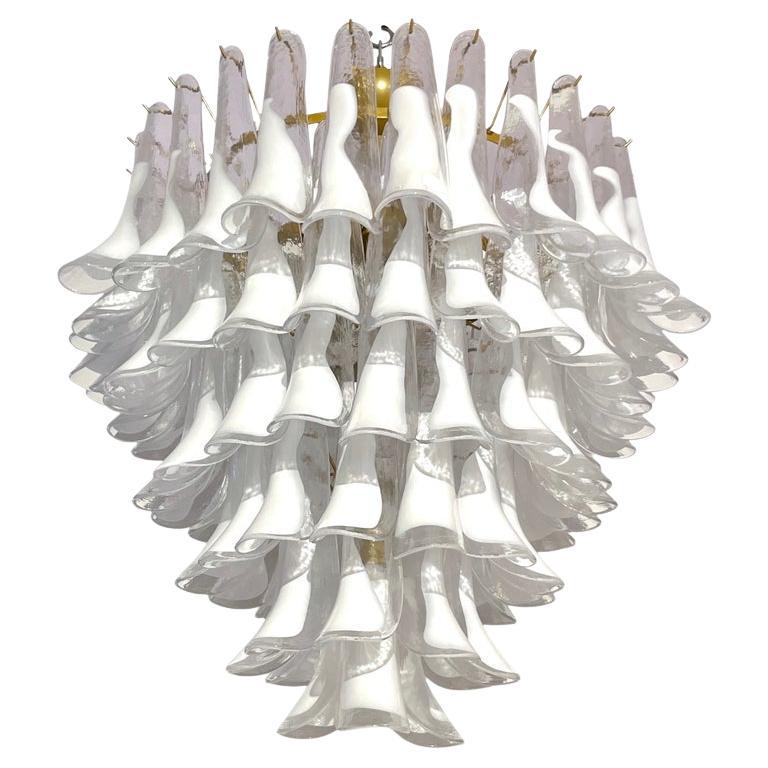 Italian Modern White and Crystal Clear Saddle Leaf Murano Glass Gold Chandelier