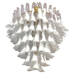 Italian Modern White and Crystal Clear Saddle Leaf Murano Glass Gold Chandelier