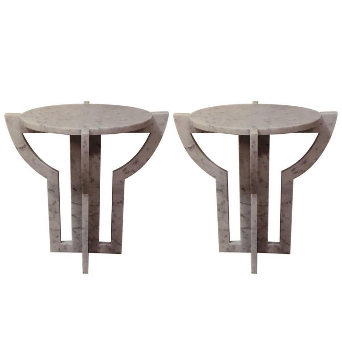 Hand-Crafted Italian Modern White Carrara Marble Side Tables, 