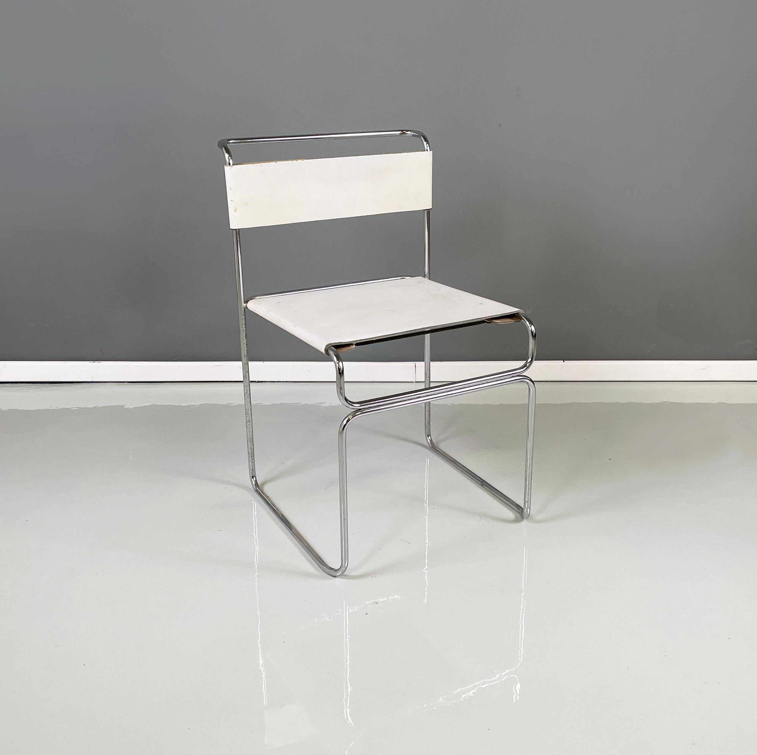 Italian modern White Chairs Libellula by Giovanni Carini for Planula, 1970s 
Set of 3 chairs mod. Libellula, stackable with metal rod structure. The seat and back are in white leather.
Produced by Planula in 1970s and designed by Giovanni