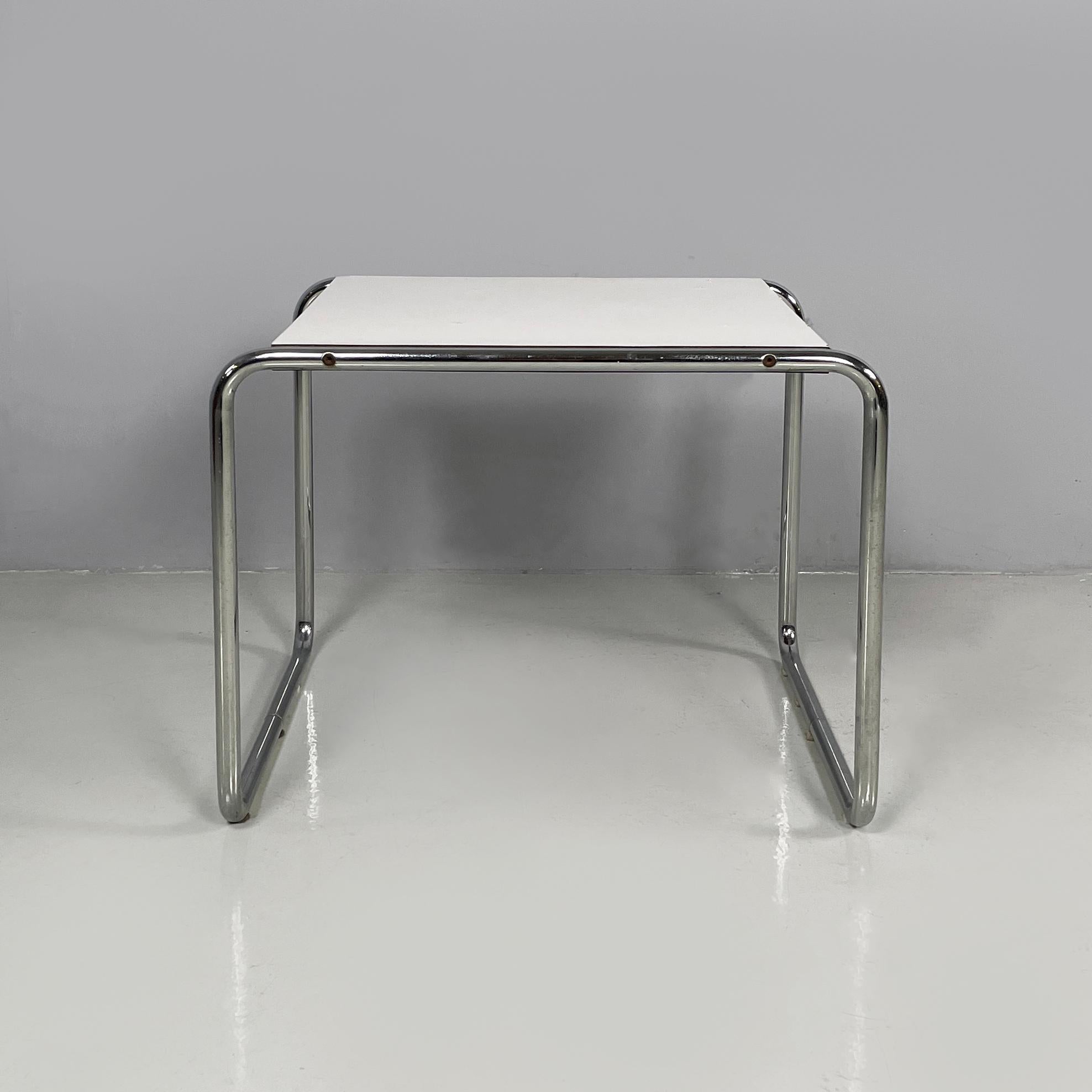 Italian modern white coffee table Laccio by Marcel Breuer for Gavina, 1970s
Coffee table mod. Laccio with squared top in white painted wood. The structure is in chromed tubular steel.
Produced by Gavina in 1970s and designed by Marcel Breuer in
