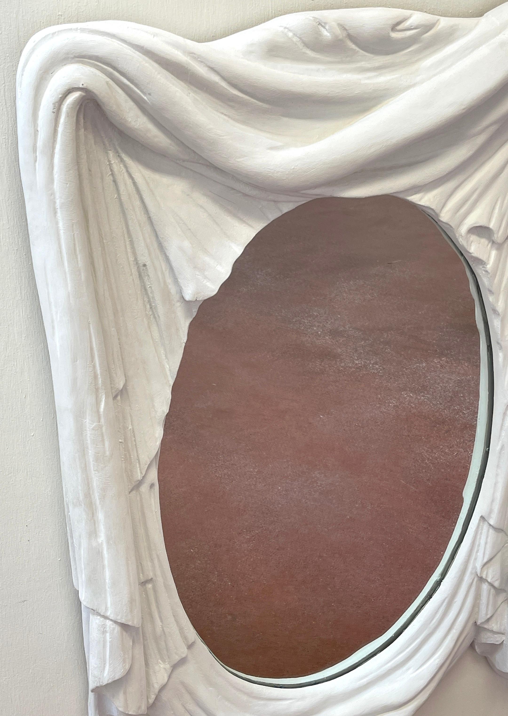 Italian Modern White Lacquered Carved Wood Draped Mirror In Good Condition In West Palm Beach, FL