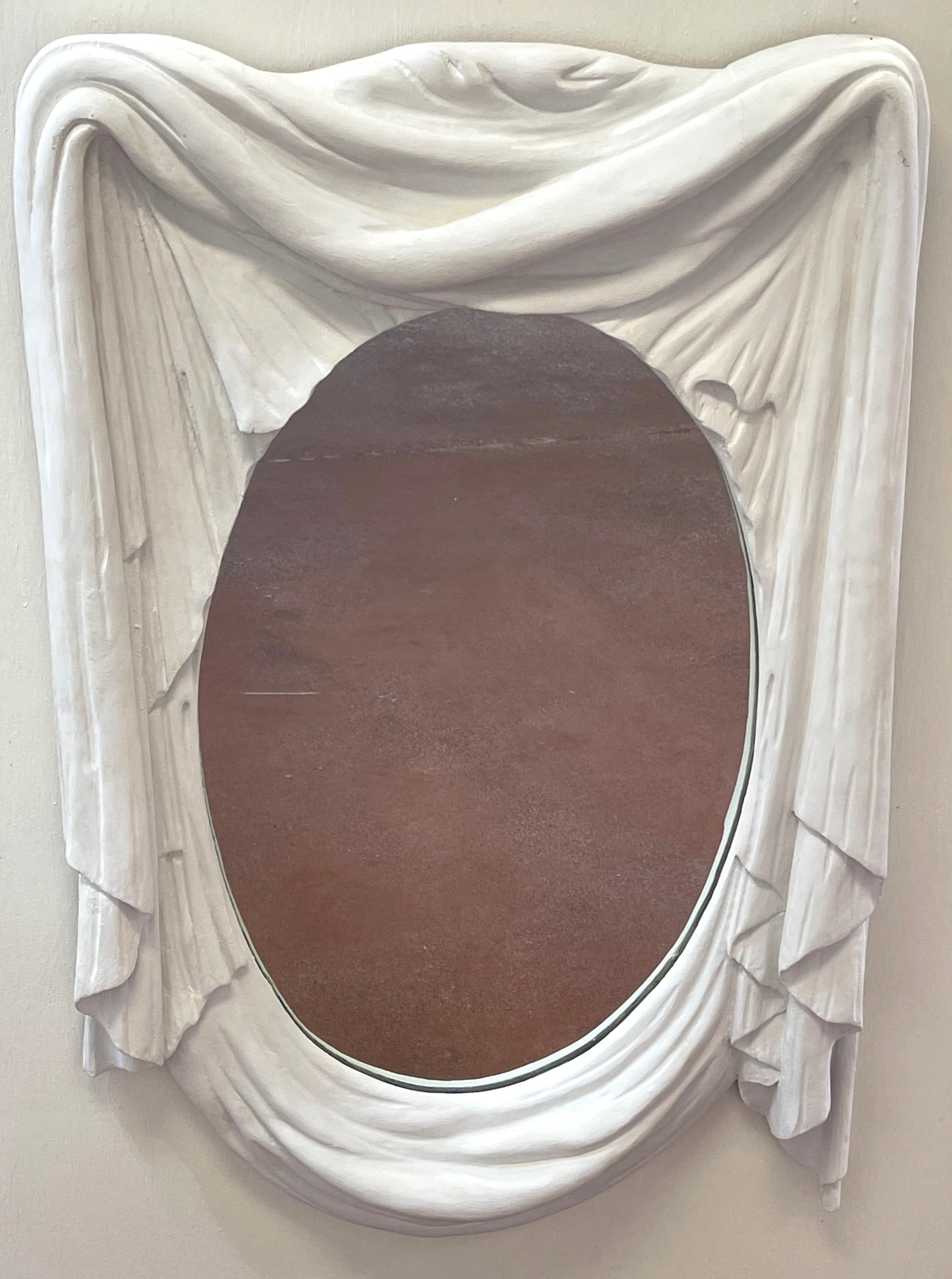 Italian Modern White Lacquered Carved Wood Draped Mirror 2