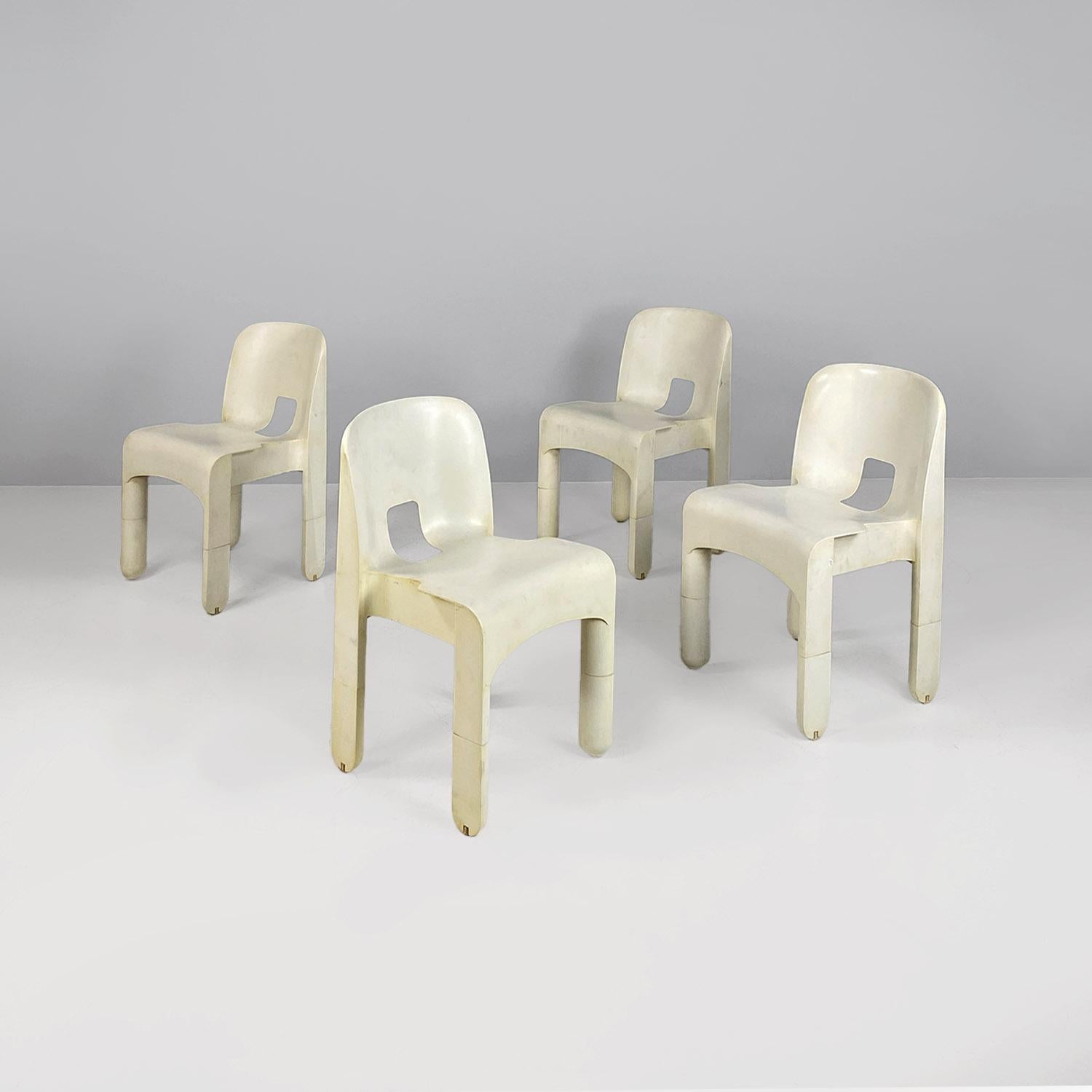 Italienische moderne Stühle aus weißem Kunststoff 860 Universale, Joe Colombo, Kartell, 1970er Jahre.
Set bestehend aus vier Stühlen Modell 860, auch bekannt als Universale Chair, aus cremeweißem ABS-Kunststoff. Die rechteckige Sitzfläche des Stuhls