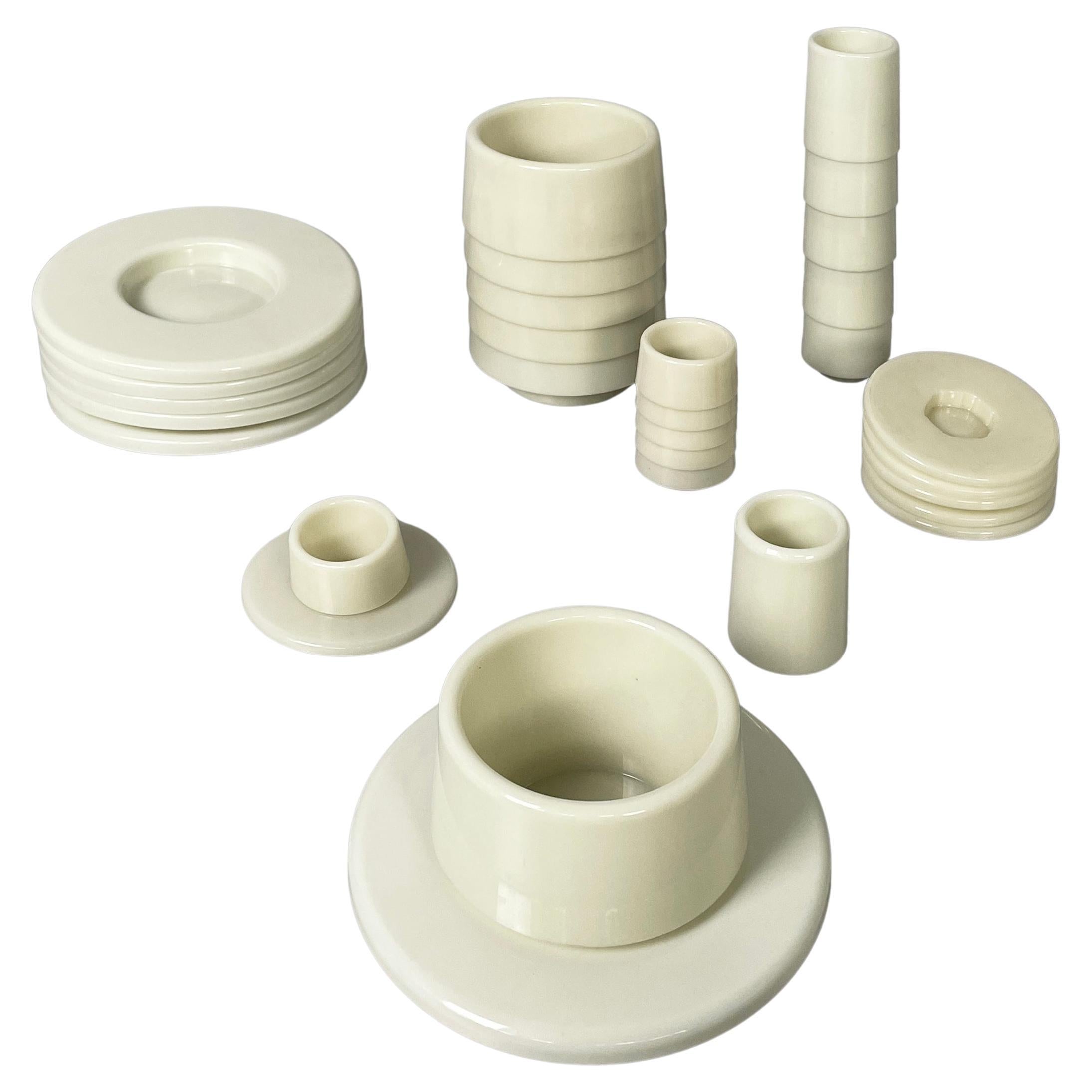 Italian modern white plastic tableware set by Angelo Mangiarotti, 1970s