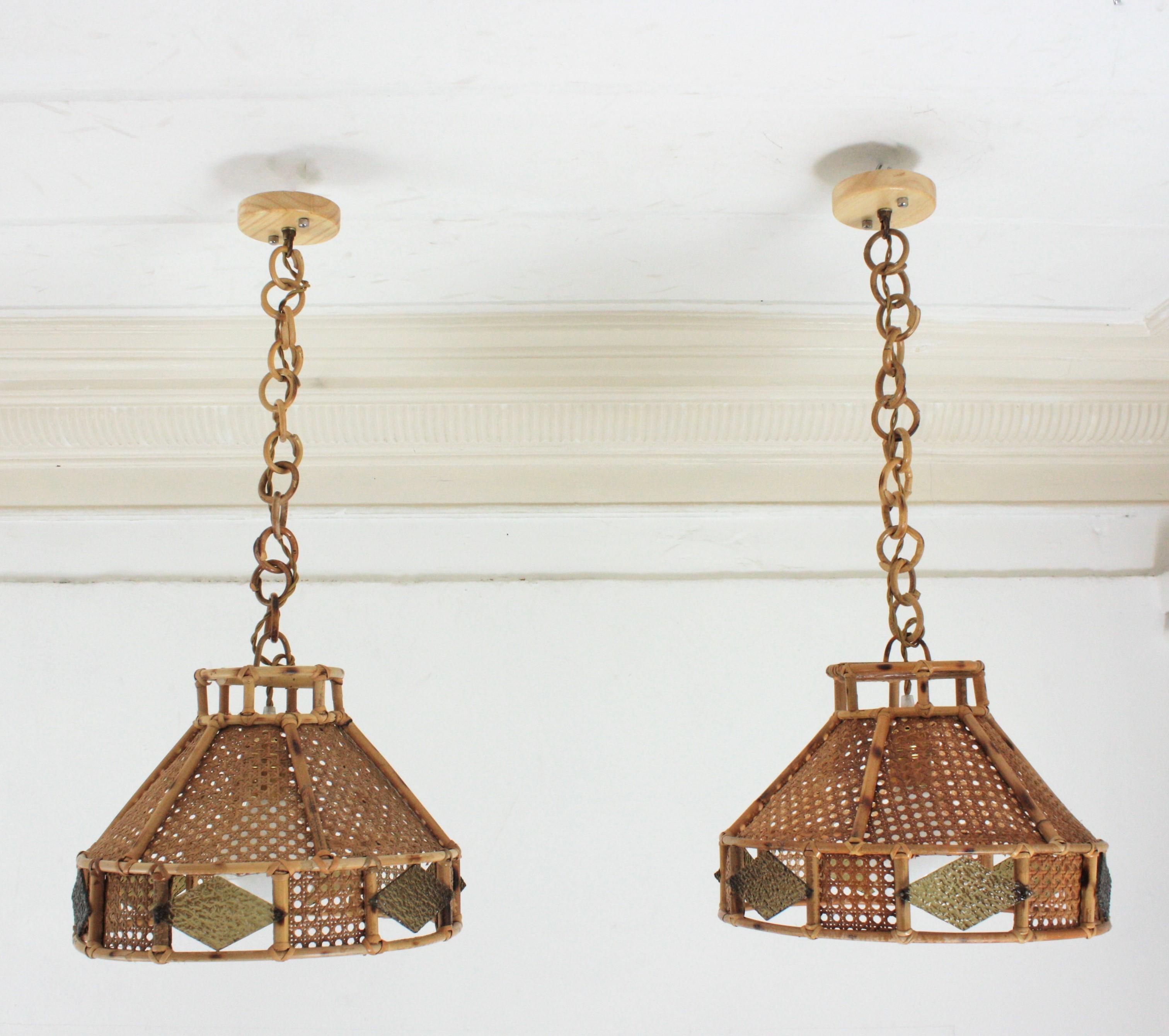 Italian Modern Wicker Wire Rattan Pendant Hanging Lights with Glass Accent, Pair For Sale 10