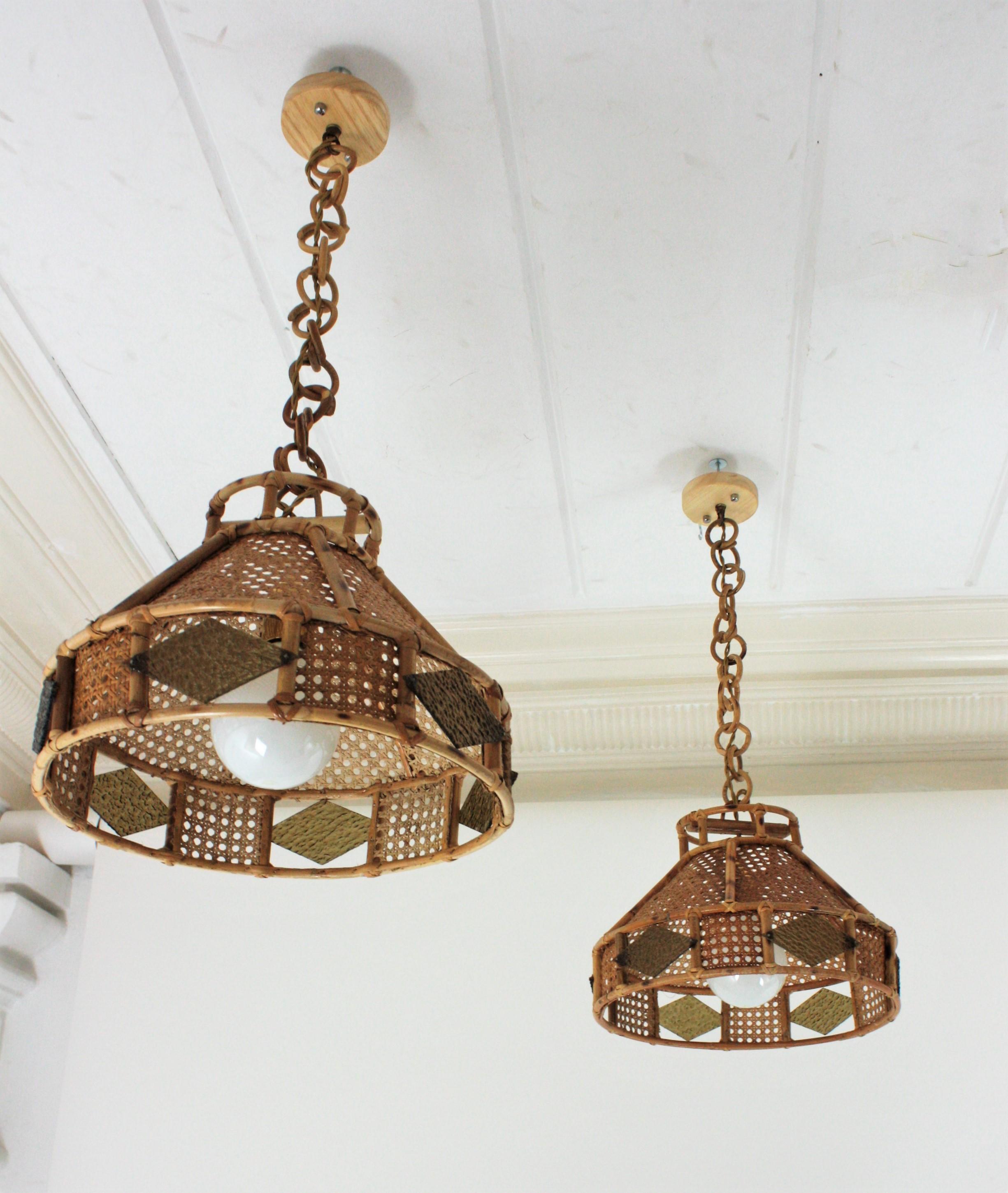 Italian Modern Wicker Wire Rattan Pendant Hanging Lights with Glass Accent, Pair For Sale 13
