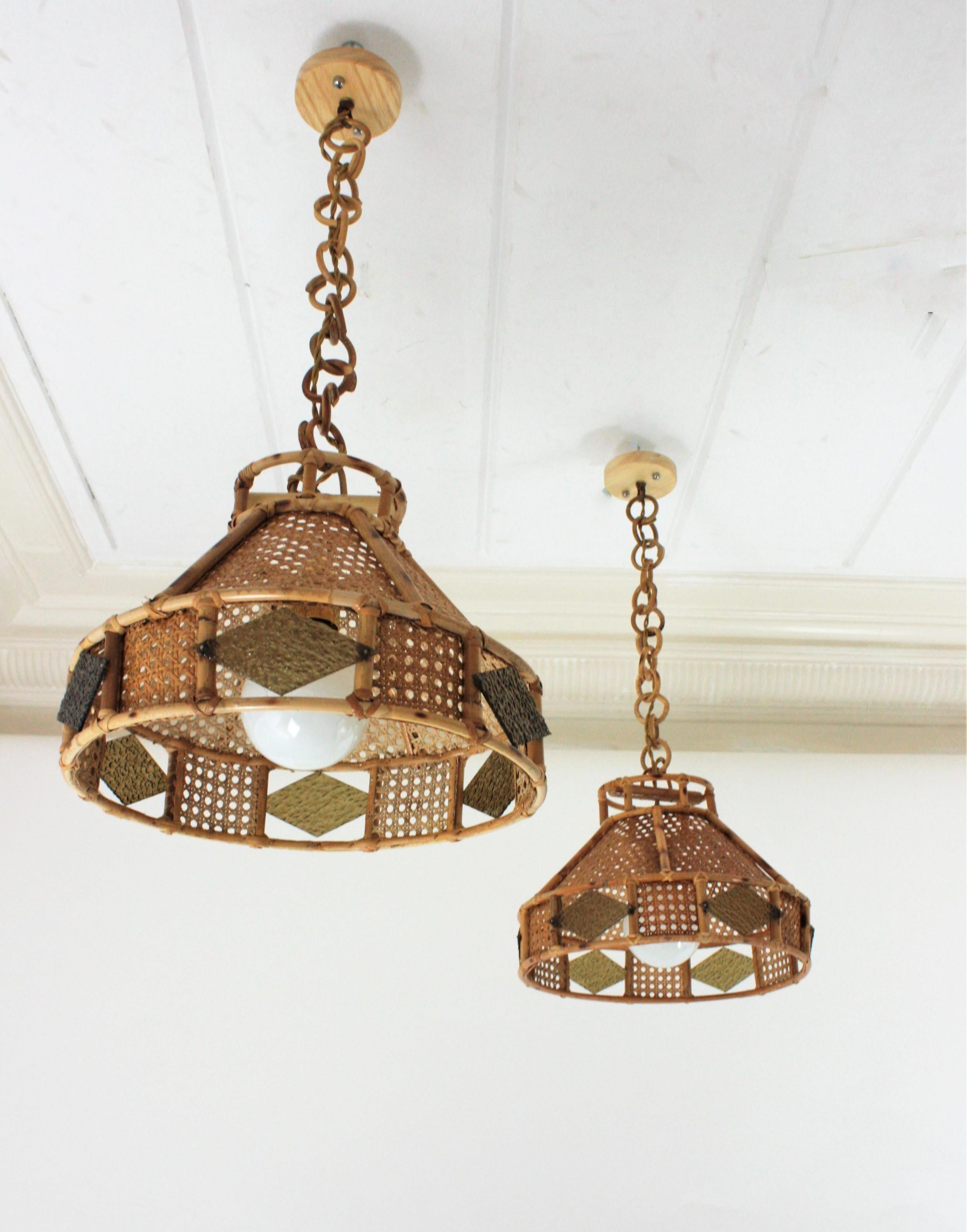 Woven Italian Modern Wicker Wire Rattan Pendant Hanging Lights with Glass Accent, Pair For Sale
