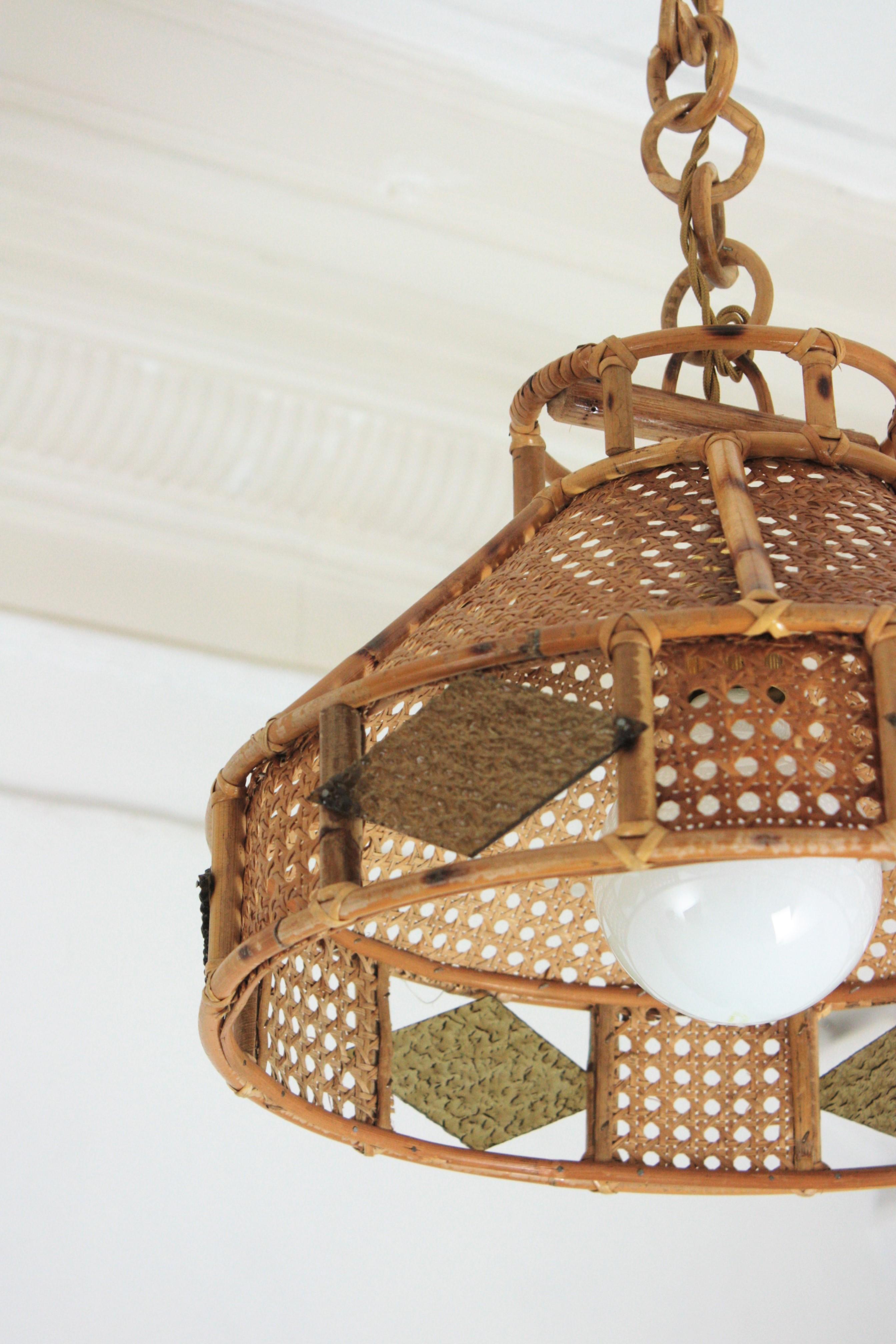 20th Century Italian Modern Wicker Wire Rattan Pendant Hanging Lights with Glass Accent, Pair For Sale
