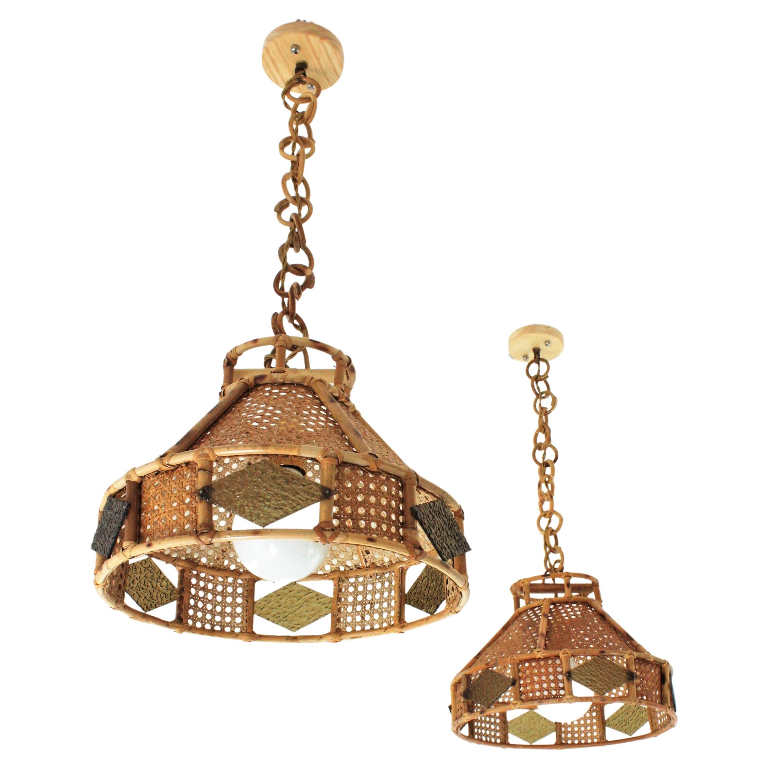 Italian Modern Wicker Wire Rattan Pendant Hanging Lights with Glass Accent, Pair For Sale