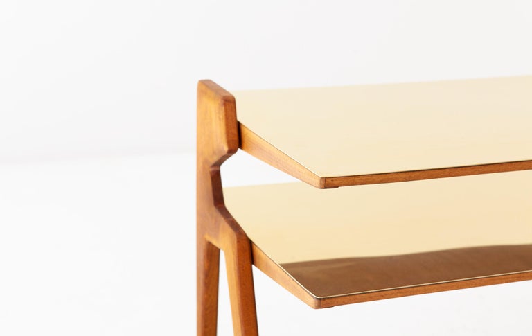 Italian Modern Wood and Brass Two Levels Side Table, 1950s at 1stDibs