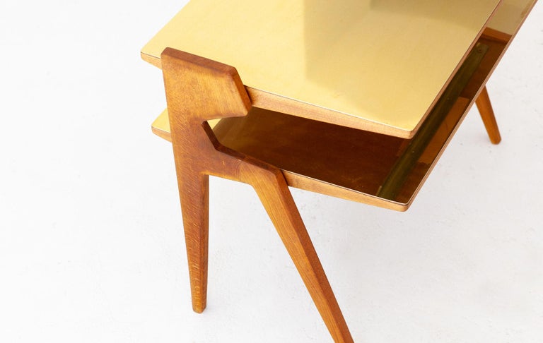 Italian Modern Wood and Brass Two Levels Side Table, 1950s at 1stDibs