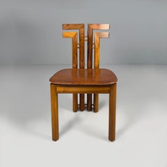 Italian modern wood and brown leather chairs by Mobilgirgi, 1970s