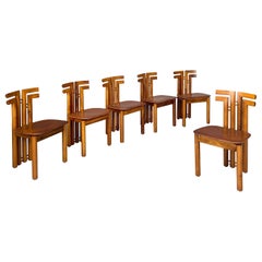 Italian modern wood and brown leather chairs by Mobilgirgi, 1970s